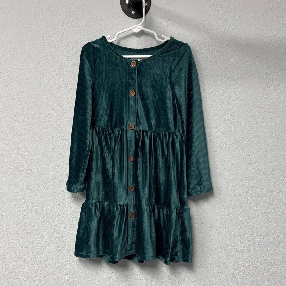 Biscotti Colezioni Girl’s 5yo Pine Green Velvet Button-Down Flutter Dress- EUC!